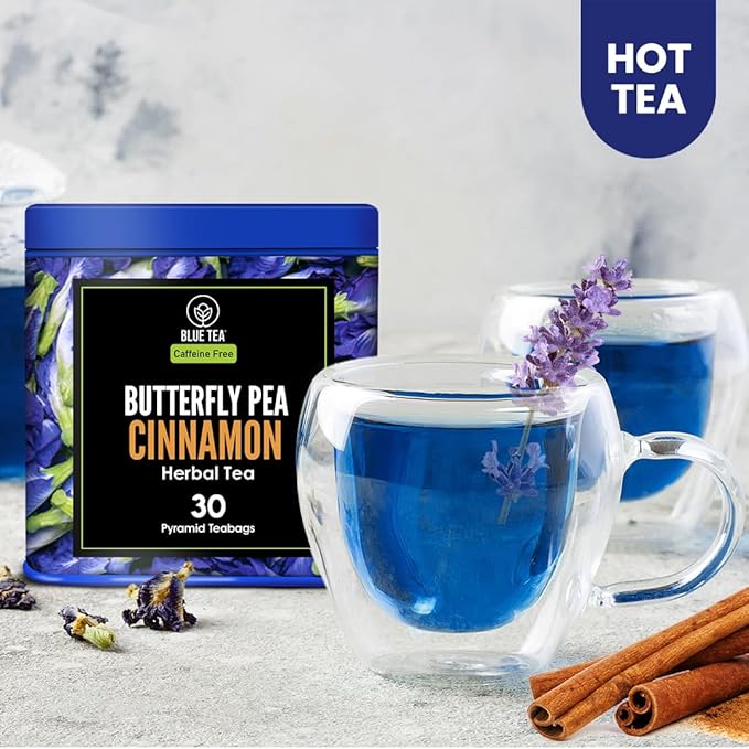 BLUE TEA - Butterfly Pea Flower Tea - Cinnamon - 30 Count - Pyramid Plant Based Tea Bag | Gokarna | ANTIOXIDANT RICH | Herbal Tea - Caffeine Free - Flower Based - Vegan - Non-Bitter | Tin Pack