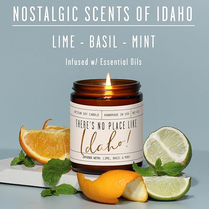 Idaho Gifts, Idaho Decor for Home - 'There's No Place Like Idaho Candle, w/Lime, Basil & Mint I Idaho Souvenirs I Idaho State Gifts I 9oz Jar, 50Hr Burn, USA Made