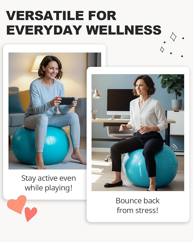 Trideer Exercise Ball for Yoga, Pilates & Fitness – Stability Ball Equipment for Home Gym & Office Chair, Core & Balance Training Accessories, Physical Therapy Equipment, Quick Pump Included, 5 Sizes