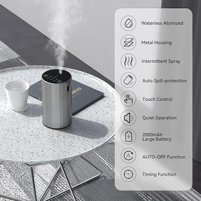 Waterless Essential Oil Diffuser Aromatherapy Scent Diffusers for Home Large Room, Bedroom, Car, Office, Desk, Battery Operated Mini Portable Air Freshener (Silvery)