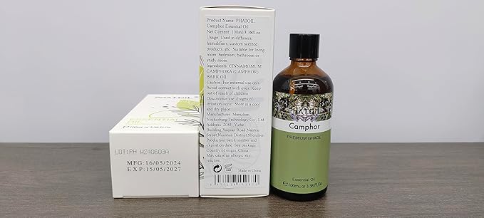 Camphor 3.38fl.oz Essential Oil, PHATOIL Aromatherapy Essential Oils for Diffuser, Humidifier, Perfect for DIY Soap, Candle, Bath Bombs Making(100ml)