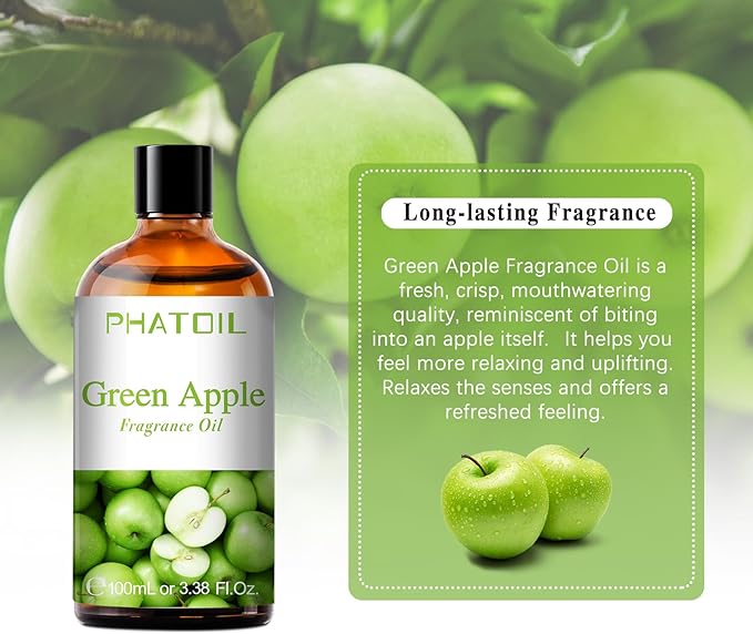 PHATOIL 3.38FL.OZ Green Apple Fragrance Oils for Aromatherapy, Essential Oils for Diffusers for Home, Perfect for Diffuser, Yoga, DIY Candle and Soap Making - 100ml