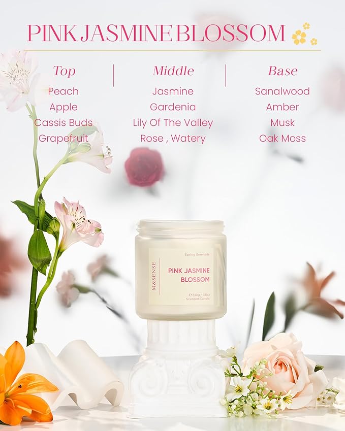 M&SENSE Pink Jasmine Rose Scented Candle - 11.6oz Natural Soy Wax 70-Hour Long Lasting Burn Time, 2-Wick Spring Non-Toxic Candle for Home Decor Flower Scent Gifts for Women Teacher