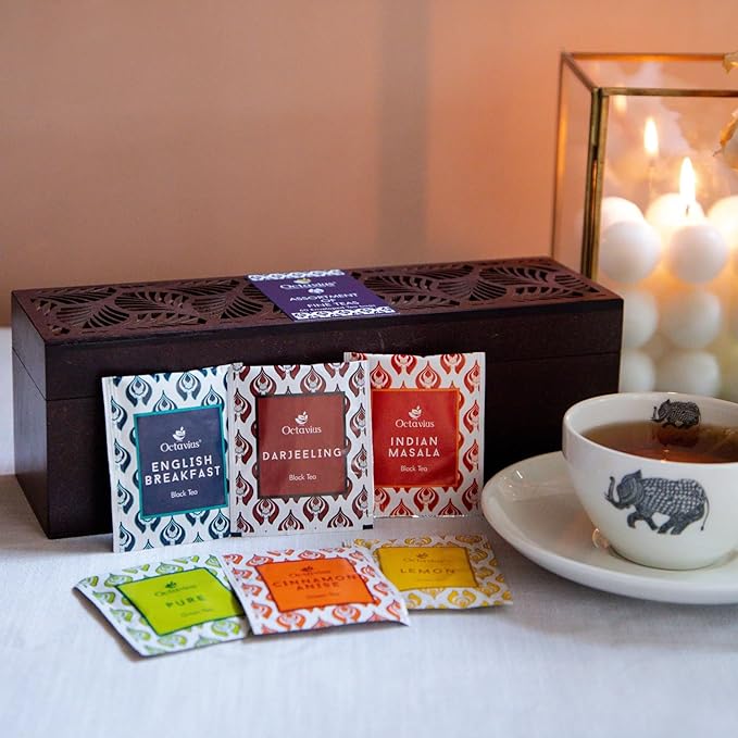 Octavius Gift's Select - Assorted Tea in Leafcut Design Wooden Box | 6 Flavors, 60 Tea Bags | Black & Green | Premium Tea Gifts for Women & Men | Pack of 1
