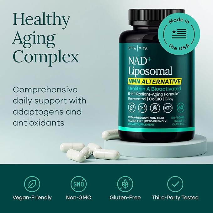 Liposomal NAD+ Supplement - Resveratrol, Urolithin A, CoQ10 & Muira Puama (Made in USA) NAD Supplement for Natural Energy, Brain Fog, Digestion, Detox, Gut Health, Microbiome, NR NMN Replacement