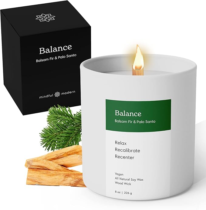 Mindful Modern Natural Balance Candle | Balsam Fir & Palo Santo Scented | Aromatherapy for Stress Relief, Meditation, Yoga, Chakra Healing, Prayer | Elegant Home Fragrance | Soy Wax | 8oz Glass Jar