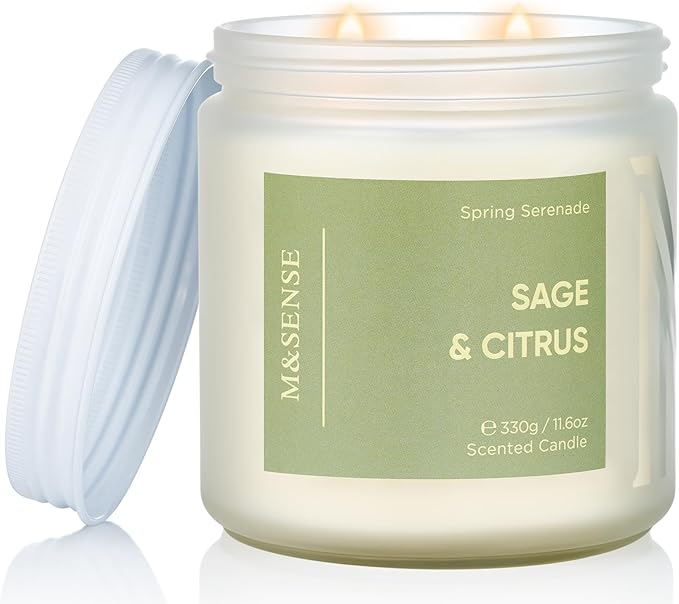 M&SENSE Sage Citrus Scented Candle - 11.6oz Natural Soy Non Toxic 70 Hour Burn Time 2 Wick Aromatherapy Candle for Home Decor, Summer Fragrance for Stress Relief & Relaxation