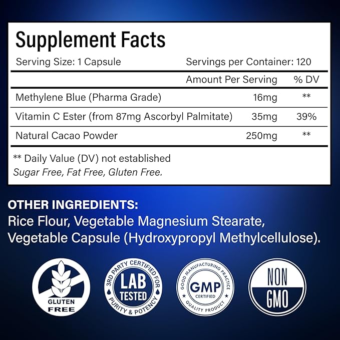 120 Methylene Blue Capsules - Natural Cacao and Vitamin C Ester for Added Support, Cognitive Supplement, 60-Day Supply - Vegan, Non-GMO, Gluten-Free