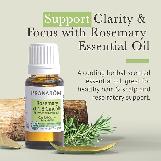 Pranarom USDA Certified Organic Rosemary Cineole Essential Oil (15ml), 100% Pure Undiluted Therapeutic Grade from Tunisia for Aromatherapy, Diffuser, Meditation, Massage, Relaxation