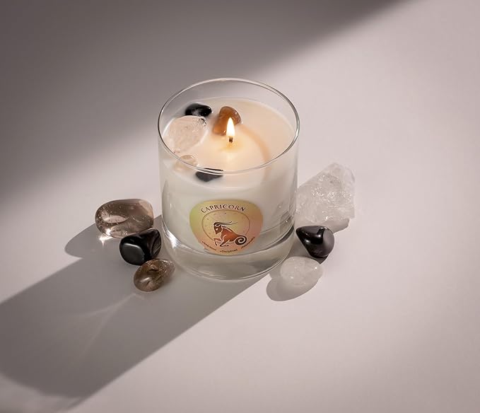 Luxury Glass Jar Candle, Capricorn Zodiac Sign, 8.8 oz - Crystal Infused - Scents of Citrus, Lavender, Spice, & Wood - USA Made, Coconut-Soy Wax, Essential Oils, Dr. Developed
