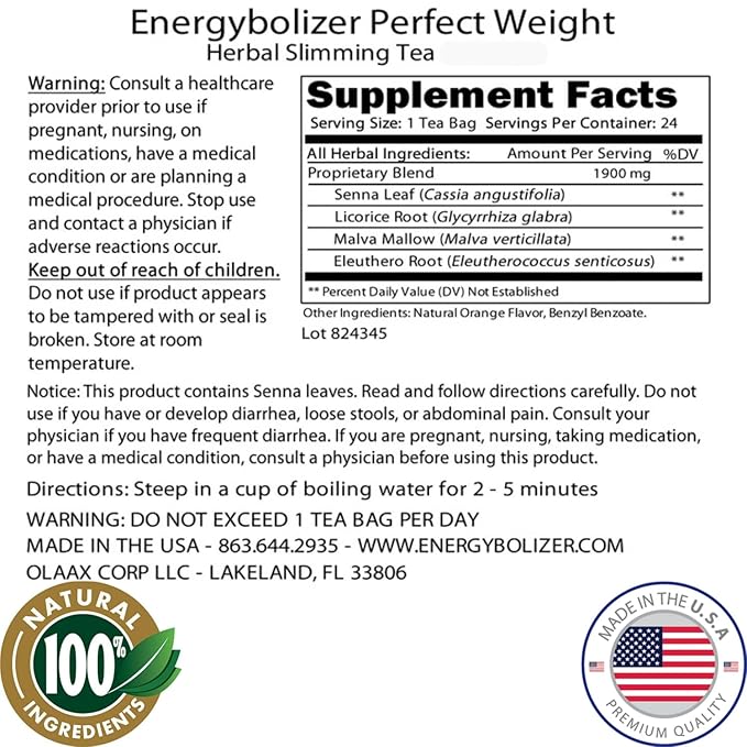 Energybolizer Perfect Weight Herbal Tea (24 Bags)| Natural Energy Booster for Women and Men | Increase Energy, Improve Digestion (Mango Orange Grapefruit)