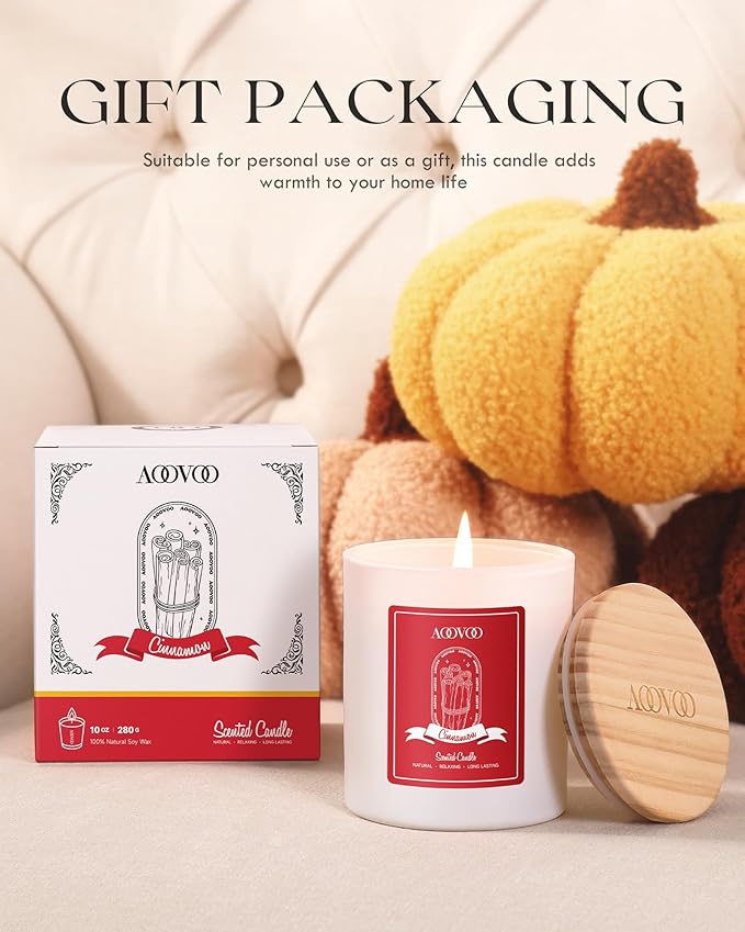 AOOVOO Cinnamon Scented Candles for Women - Aromatherapy Candle with Crystals Inside, 10oz Soy Candles for Home Scented, Birthday Gifts Christmas Candle for Women Mom