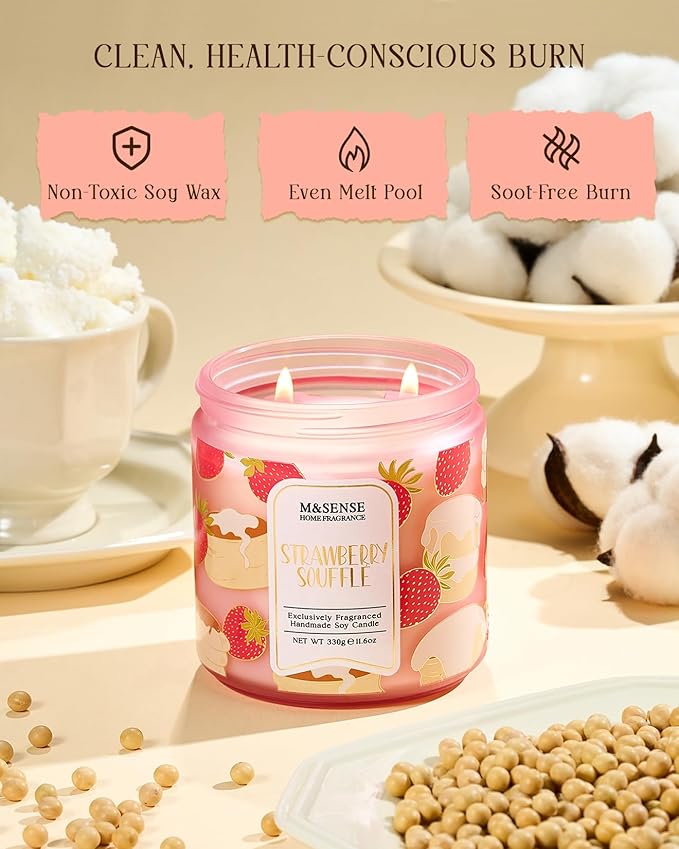 M&SENSE Strawberry Souffle Scented Candle, 11.6oz Natural Soy Wax Non Toxic, 2 Wick Jar Candle, Up to 70 Hours Clean Burn, Gifts for her to Creat a Sweet Ambiance