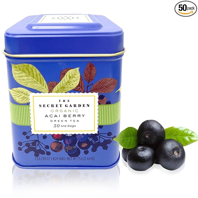 Organic Ceylon Acai Berry Green Tea - 50 Packets - Natural Antioxidant Rich Herbal Leaf Teabags - USDA Certified 100% Non-GMO - Caffeinated Designer Gift Tin