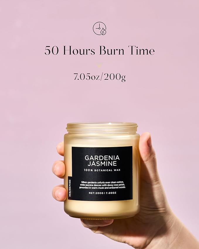 M&SENSE Gardenia Jasmine Scented Candle, 50 Hours Slow Burning Clean Non Toxic 7.05oz 2 Wicks Highly Scented Aromatherapy Candle for Housewarming Gifts, Long Lasting Fragrance for Bath & Office