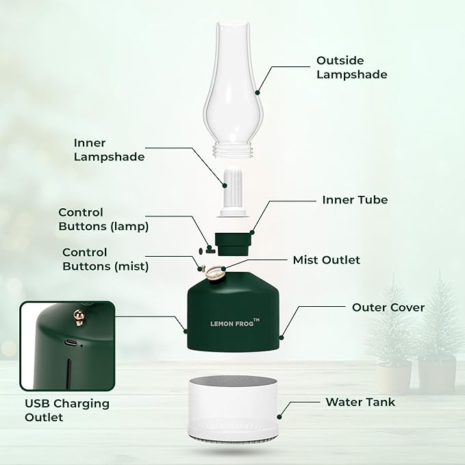 Aroma Diffuser-Vintage LED Night Lamp with Timed Spray; 1200mAh Battery; Wireless; Colorful Lights; Fine Water Mist; Dimming Control; Two Level Spray Quantity; 280mL Capacity. (Matte Black)
