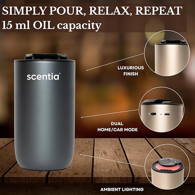 Scentia MiniPod Waterless Essential Oil Diffuser Starter Kit & Smart Car Freshener – Dual Car/Home Modes, Auto Shut-Off, 3 Mist/Ambient Light Levels, Portable Rechargeable Nebulizer – Titanium