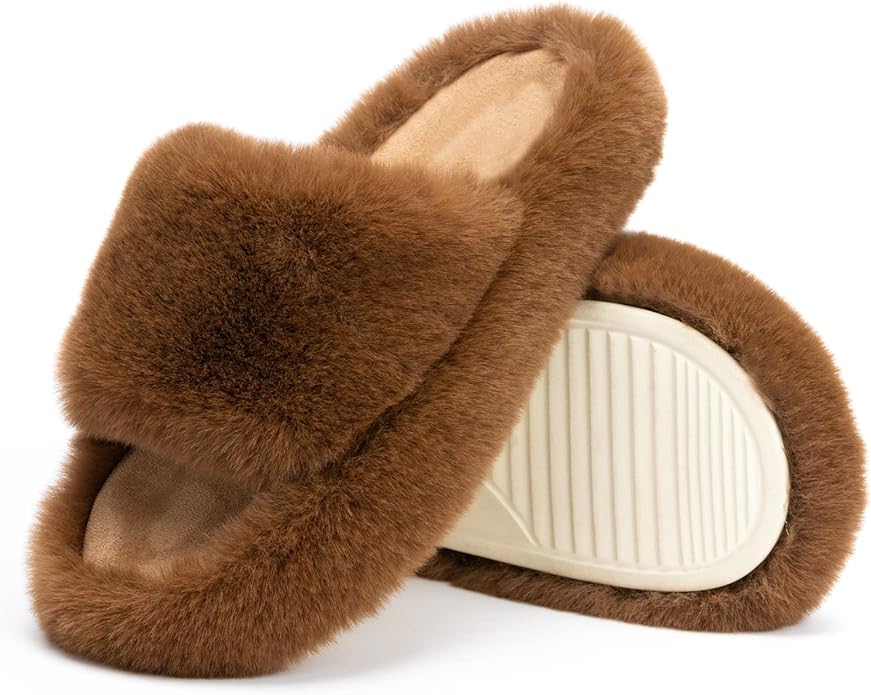 Chantomoo Women's Blue Memory Foam Faux Fur Lined Open Toe Slippers for Women - US 12