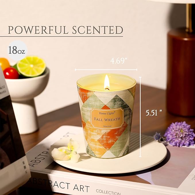 HomeLights Soy Wax Candles for Home Scented, 1-Wick Candles in Fall Wreath Scented, Rustic Modern Aromatherapy Candles Gift for Parties, Relaxing, 6.7oz