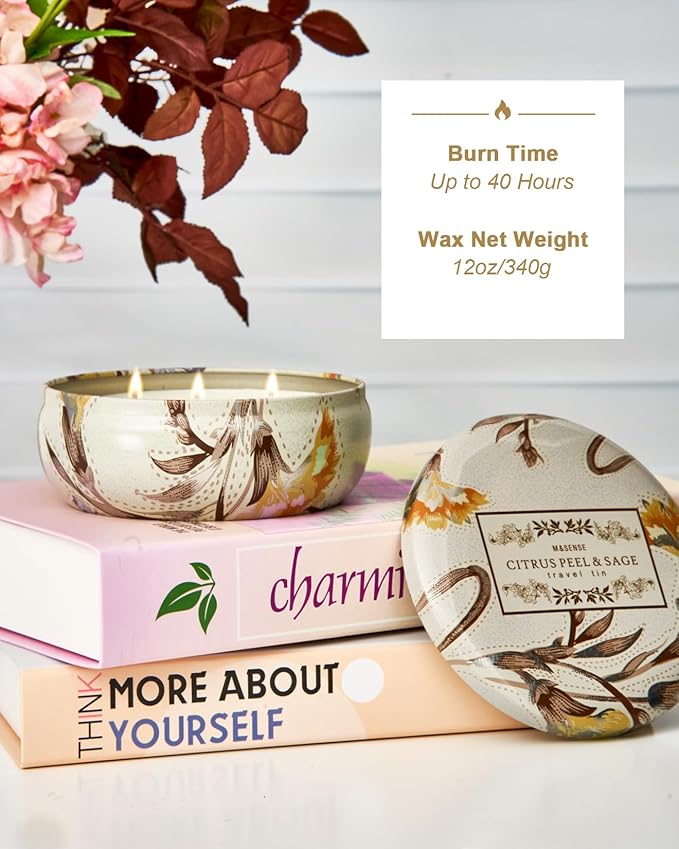 M&SENSE 3 Wick Soy Candles for Home Scented, Citrus & Sage Scented Aromatherapy Candle for Stress Relief, 12oz 40 Hour Burn Time, Highly Scented Candle Gift
