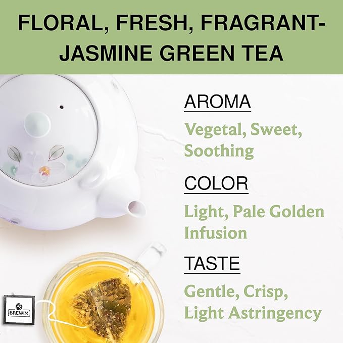 BREWIX, Jasmine Green Tea (25 Pyramid Tea Bags) | High Grown Green Tea from Himalayas with Jasmine | Caffeinated Tea Loose Leaf | High Elevation Grown