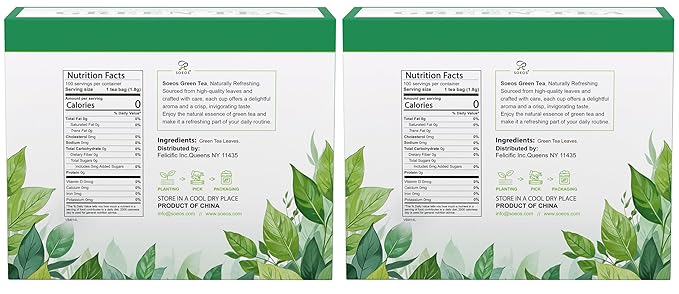 Soeos Green Tea, 6.3 oz (180g), 200 Tea Bags, Pack of 2, Refreshing and Fragrant, Sustainably Sourced, Ideal for Hot or Iced Tea, Long-Lasting Freshness
