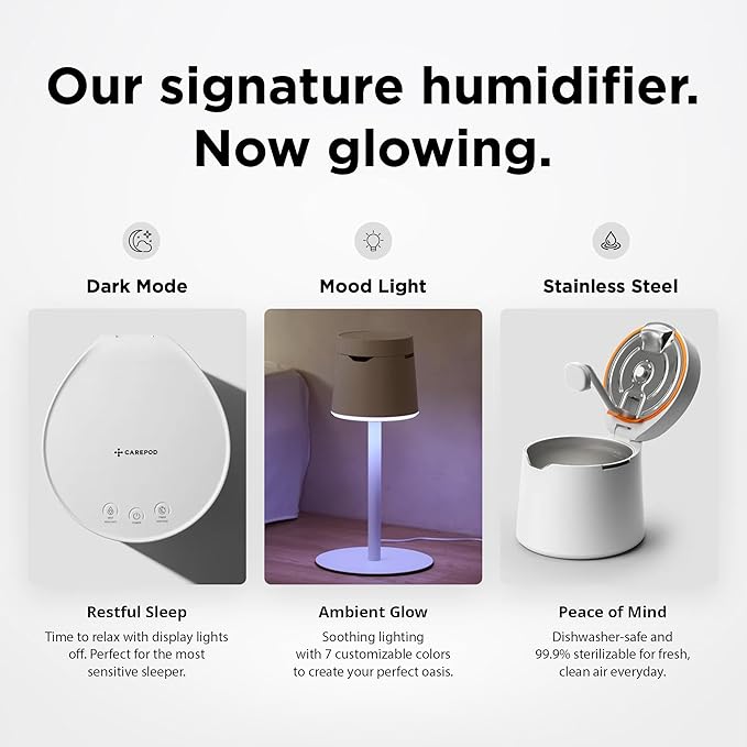 Carepod One Plus with Stand - Stainless Steel Humidifier for Large Room with Mood Light, Quiet & Safe for Baby, Only 3 Washable Parts, Easy to Clean Ultrasonic Cool Mist Humidifiers for 30Hrs, 1Gal/4L