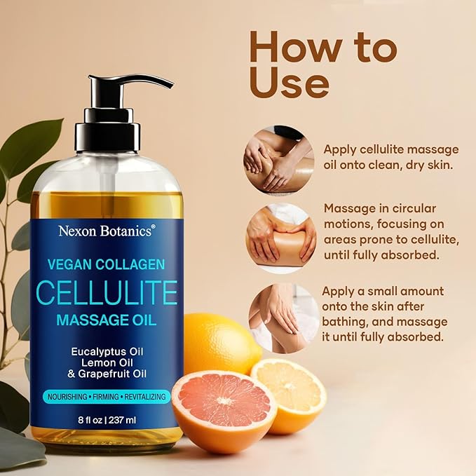 Anti-Cellulite Massage Oil for Massage Therapy 8 fl oz - Refreshing and Relaxing - Natural Oils with Vegan Collagen and Stem Cells - for Men and Women - Nexon Botanics