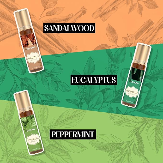SALKING Essential Oils Roll On Set (6 Pack), Aromatherapy Oil with Roller Ball for Skin Use, Natural Fragrance Gift for Women and Men - Sandalwood, Eucalyptus, Peppermint, Lavender, Rose, Gardenia