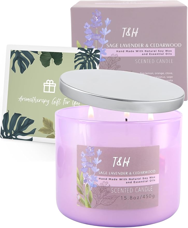 Sage Lavender Cedarwood 3 Wick Scented Soy Candle, 15.8 oz - Aromatherapy Stress Relief Candle - Clean Burning, Long Lasting, Earthy Scented Candle for Home, Men & Women