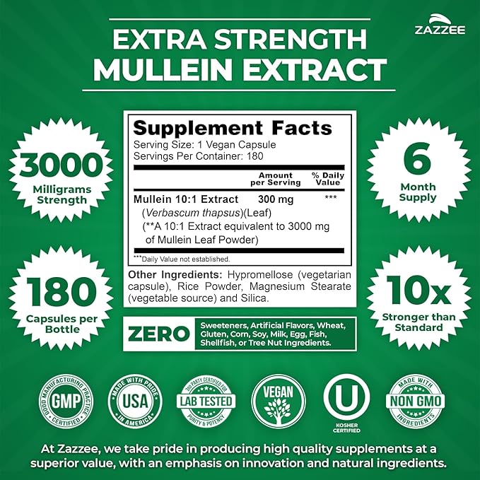 Zazzee Extra Strength Mullein 10:1 Extract, 3000 mg Strength, 180 Vegan Capsules, 6 Month Supply, Standardized 10X Extract, 100% Pure Leaf Powder, All-Natural and Non-GMO, Made in The USA