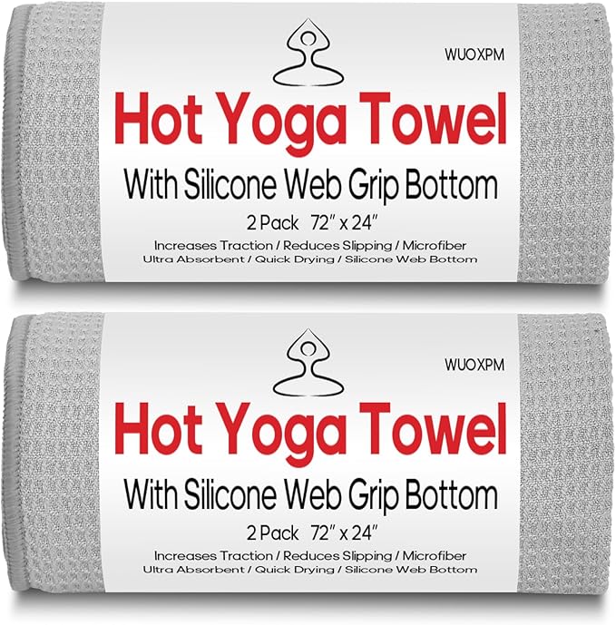 WUOXPM 2 Pack Hot Yoga Towel with Grip Dot, Stickyfiber Non-Slip Yoga Mat Towel, Microfiber Absorbent Microfiber for Hot Yoga, Bikram, ilates, Exercise, Fitness
