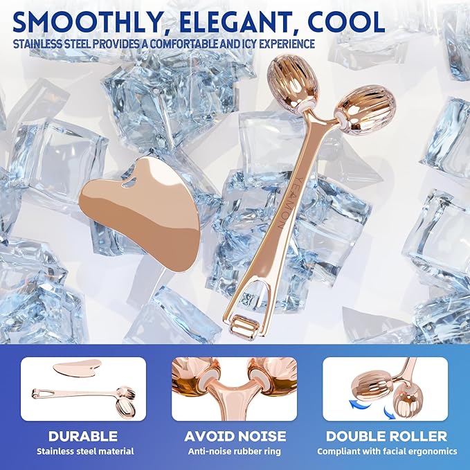 Yeamon Gua Sha Facial Tools and Face Roller Set, Facial Massage Tool for Women’s Skincare Routine,Cooling Stainless Steel Face Sculpting Eyes Roller Guasha for Daily Use or Self-Care Gift for Women
