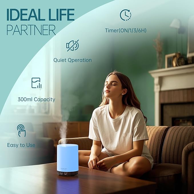 ASAKUKI 300ML Essential Oil Diffuser, Quiet 5-in-1 Premium Humidifier, Home Fragrance Aroma Diffuser with 7 LED Color Changing Light and Auto-Off Switch -Dark Brown