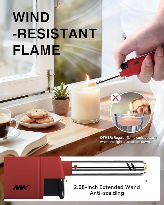 MK Candle Lighter, Butane Refillable Wind-Resistant Flame, Lighters, 4-Pack for BBQ, Camping, Indoor/Outdoor Use Random Color (New Hue)