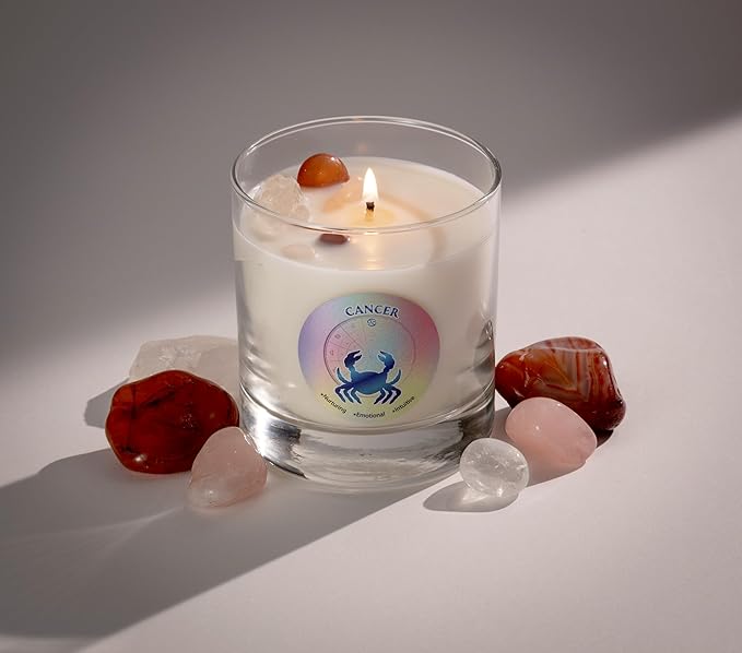 Luxury Glass Jar Candle, Cancer Zodiac Sign, 8.8 oz - Crystal Infused - Scents of Lime, Coconut, Driftwood & Vanilla - USA Made, Coconut-Soy Wax, Essential Oils, Dr. Developed