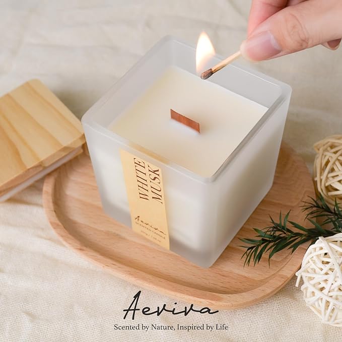 Scented Candle, 7.04 oz White Musk Aromatherapy Candle, Natural Soy Wax with Wooden Wick, Candles for Home, 45 Hours Burn Time, Scented Jar Candle Gifts