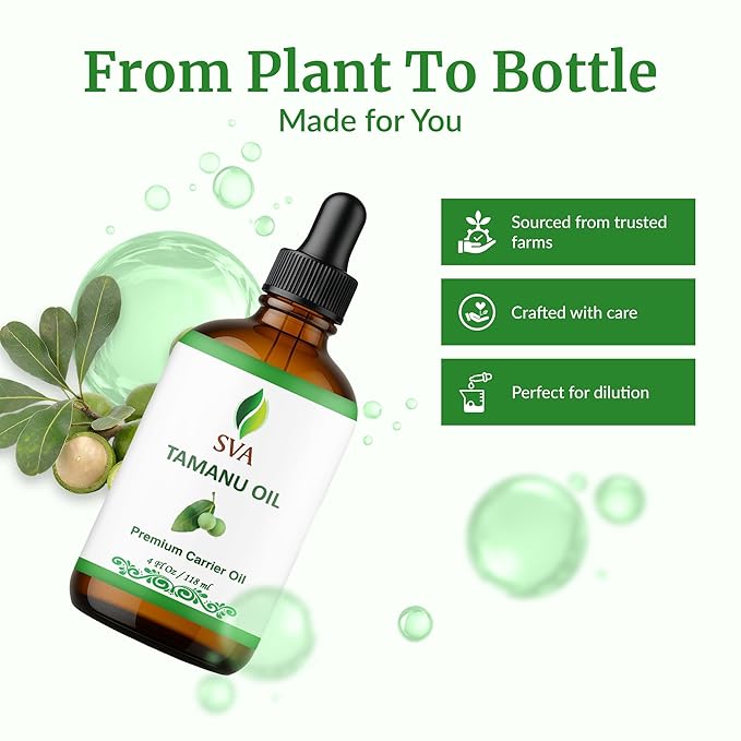 SVA Tamanu Oil - 4 Fl Oz – 100% Natural Cold Pressed Tamanu Oil - for Face, Skin Care, Hair Care, Scalp Massage & Body Massage – Carrier Oil with Dropper