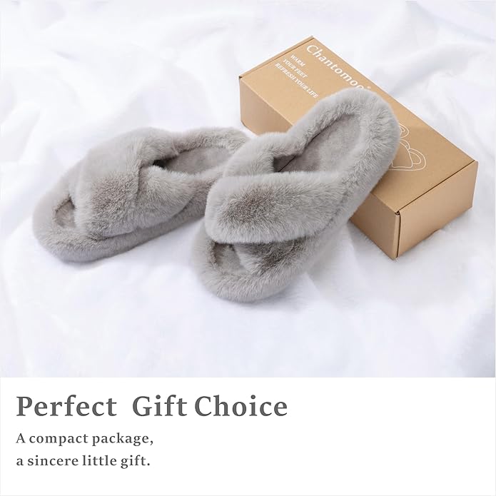 Chantomoo Women's Blue Memory Foam Faux Fur Lined Open Toe Slippers for Women - US 12