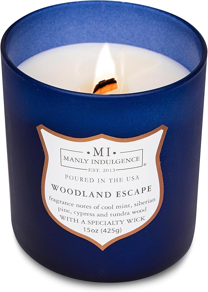 Manly Indulgence Woodland Escape Scented Candles for Men, 15 oz Wooden Wick, Premium Soy Blend Wax, 60H Burn, Candles for Home Scented - Made in The USA