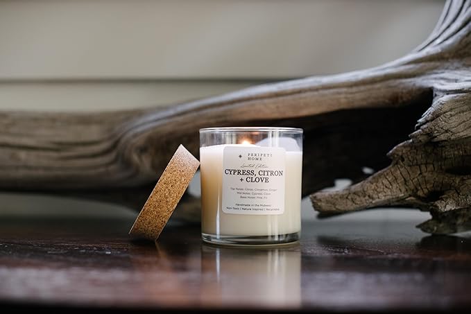 PERIPETI Home Cypress, Citron + Clove Scented Candle – 8.5oz Wooden Wick, Natural Soy Wax, Long-Lasting Burn for Cozy Holiday Aromatherapy