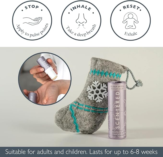 Scentered Sleep Well Aromatherapy Essential Oils Balm Christmas Stocking - for Restful Sleep & Bedtime Relaxation - Lavender, Chamomile, Ylang Ylang - Self-Care Stocking Stuffers for Women