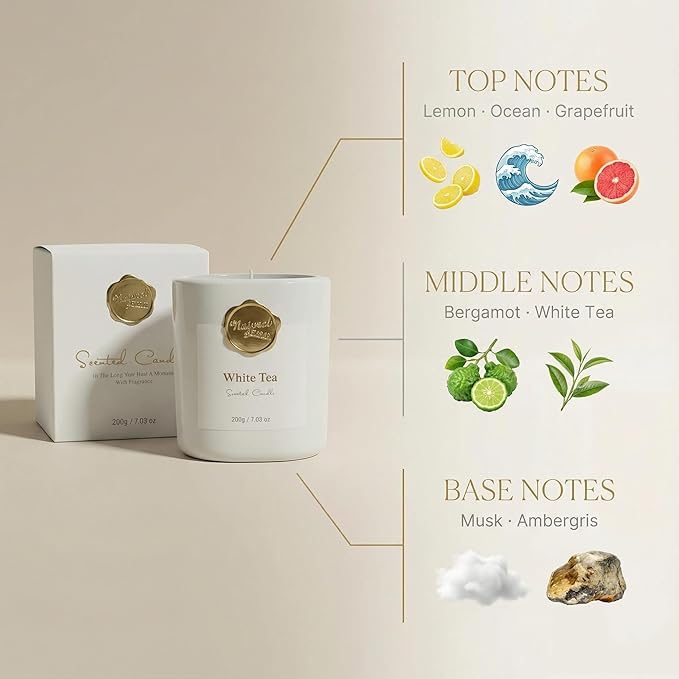 Scented Luxury Candles -White Tea-Aromatherapy Jar Candles for Relaxation & Sleep -7 oz- 45 Hours Clean Burn-Hand-Cast -100% Natural Soy Wax-Valentine’s Day Gift