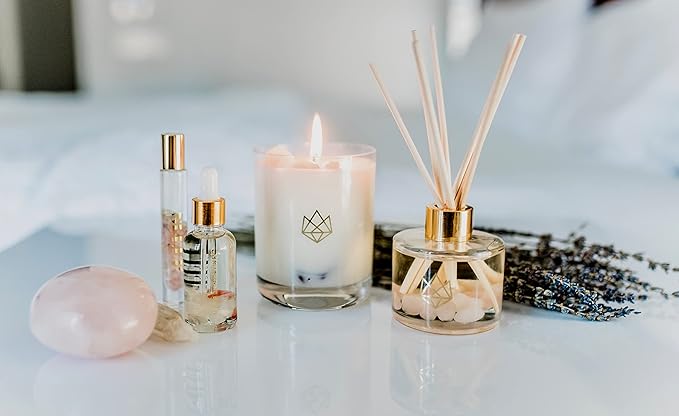 Luxury Glass Jar Candle, 14.5 OZ, Sleep - Rose Quartz Crystal Infused - Scents of Rose, Lavender, and Vanilla - Tranquility, Love, & Comfort - Coconut Wax, Valentine's Day Gift