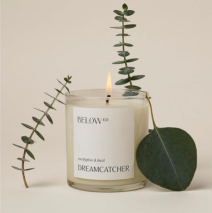 Hilary Duff’s Below 60 Scented Candle | Dreamcatcher | Essential Oil-Based Fragrance | Hand-Made with Paraffin-Free Soy Wax | 100% Cotton Wick | 50 hr Burn Time | Eucalyptus & Basil (10oz)