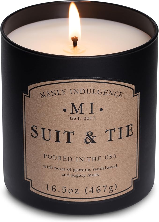 Manly Indulgence Suit & Tie Scented Candles for Men, 16.5 oz Single Wick, Premium Soy Blend Wax, 60H Burn, Candles for Home Scented – Made in The USA