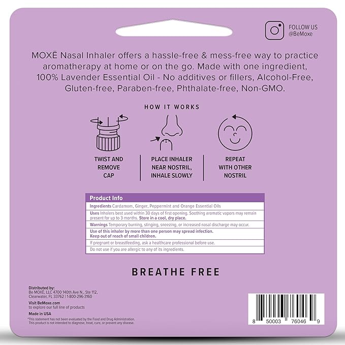 MOXE Lavender Essential Oil Nasal Inhaler, Therapeutic No-Mess Aromatherapy, Relaxation, Naturally Calming, Before Sleep Routine, Uplifts Mood, Pure and Undiluted, Made in USA (1 Pack)