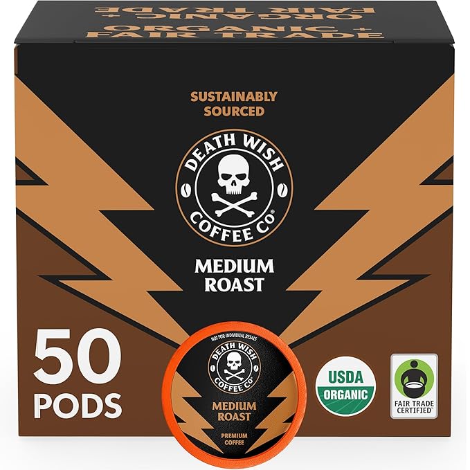 Death Wish Coffee, Medium Roast Single Serve Pods - USDA Organic Coffee (50 Count)