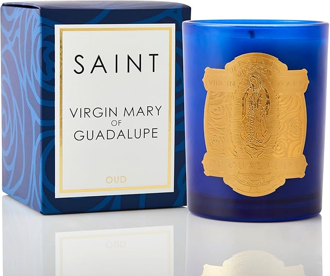 SAINT Virgin Mary of Guadalupe Scented Candle with Prayer and Prayer Coin, Soy Coconut Aromatherapy Candle with 80 Hour Burn Time, Special Edition, Blue