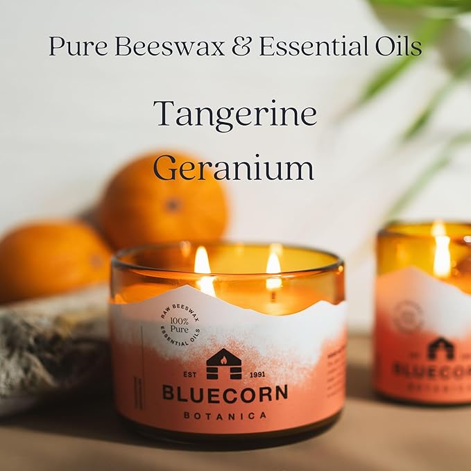 Bluecorn Beeswax Large 3-Wick Candle, 100% Pure Beeswax with Tangerine & Geranium Essential Oils, Amber Glass, Soy Free, Clean Burning Candle Wax, Long Lasting, Home Decor, American Made, 8 Oz, 1 Ct